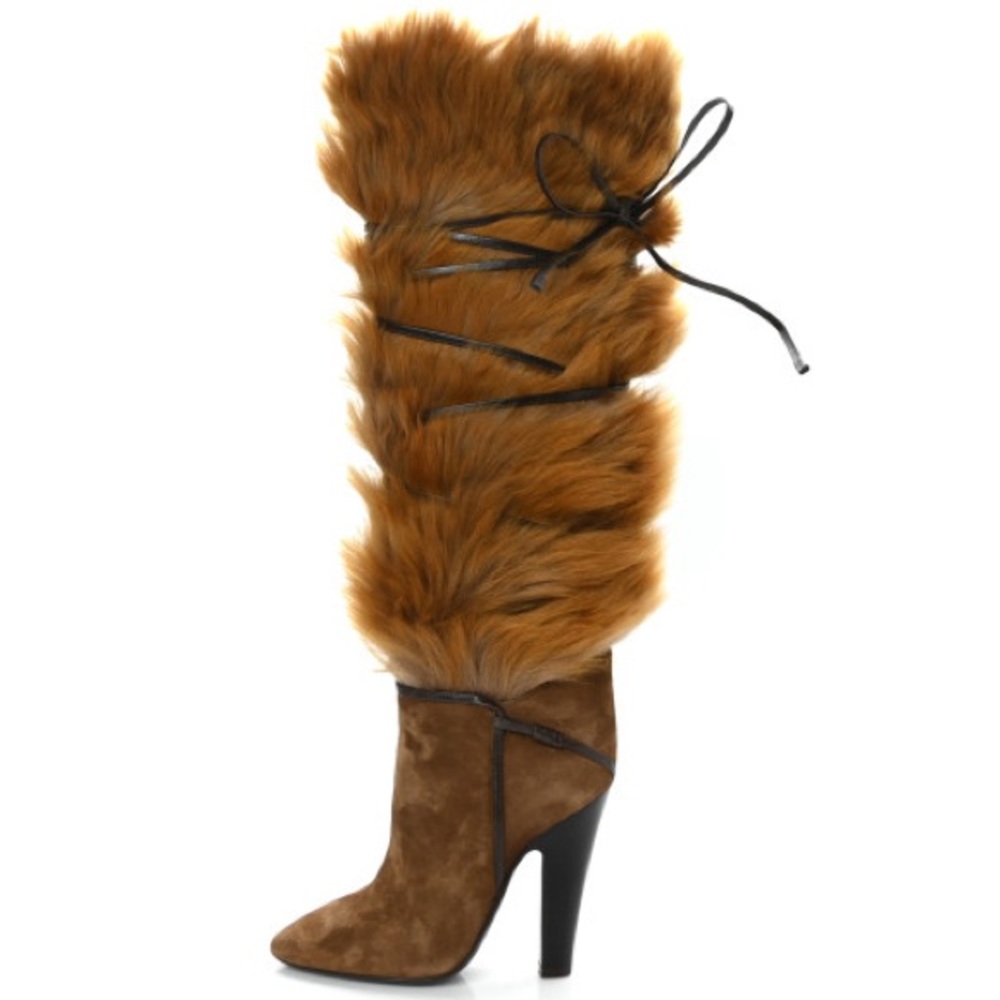 NIB SAINT LAURENT Suede Faux Fur Jokull 105
Over The Knee Boots 37.5 Brown